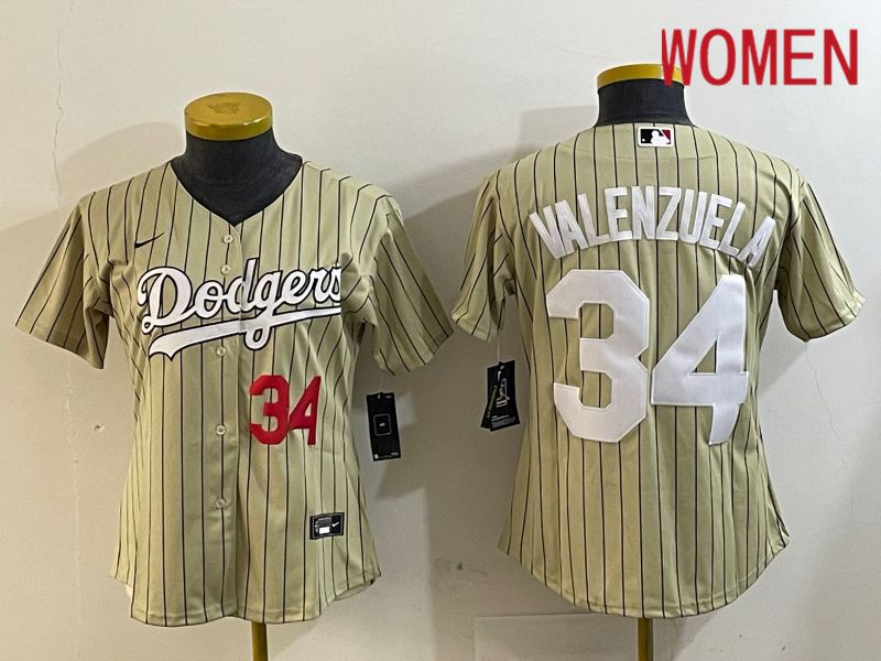 Women Los Angeles Dodgers 34 Valenzuela Green Stripe Game 2024 Nike MLB Jersey style 4